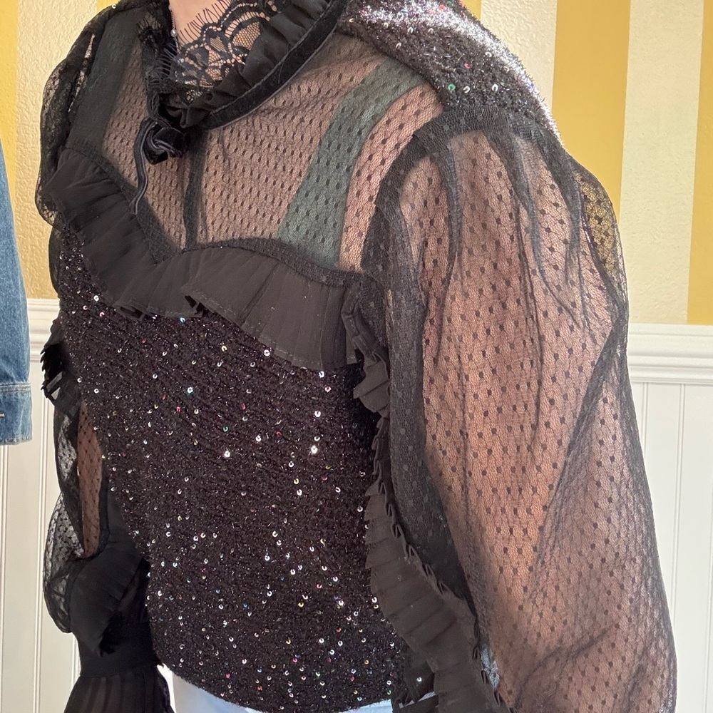 Elegant Black Sheer Ruffle Top - Picture 7 of 8